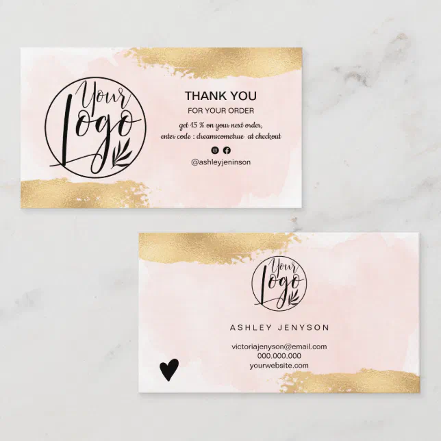 Modern gold foil brush pink logo order thank you business card | Zazzle