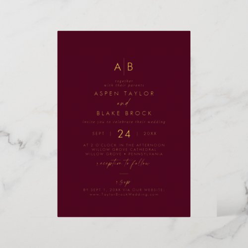 Modern Gold Foil Burgundy Monogram RSVP Wedding Foil Invitation