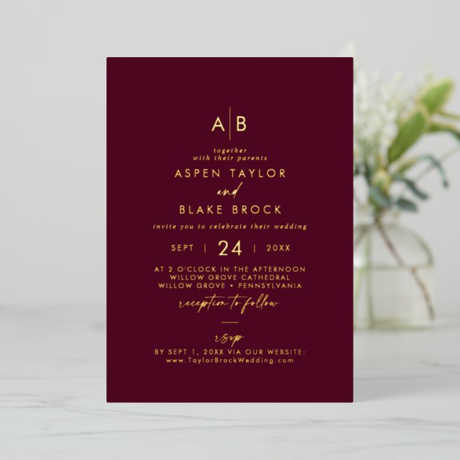 Modern Gold Foil Burgundy Monogram RSVP Wedding Foil Invitation (Standing Front)