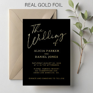 Modern gold foil calligraphy script black wedding invitation