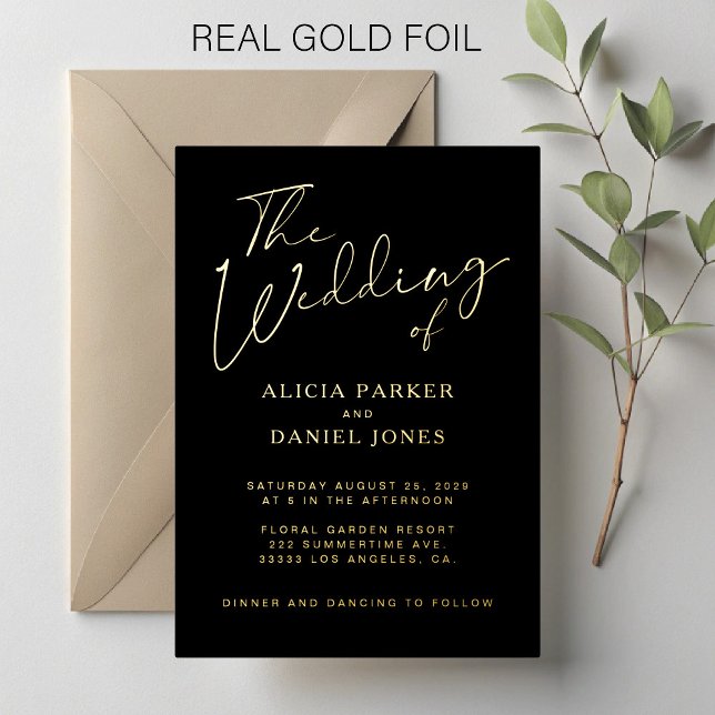 Modern gold foil calligraphy script black wedding  invitation (Creator Uploaded)