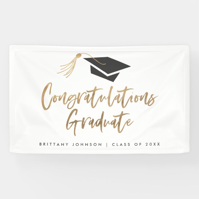 Modern Gold Foil Cap Congratulations Graduation Banner (Horizontal)