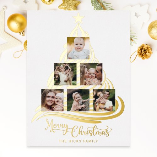 Modern Gold Foil Christmas Tree Family Multiphoto  Foil Holiday Card