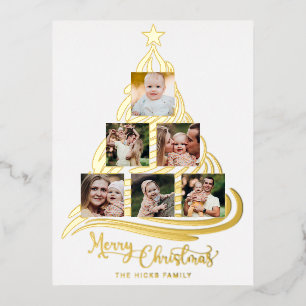 Modern Gold Foil Christmas Tree Family Multiphoto Foil Holiday Postcard