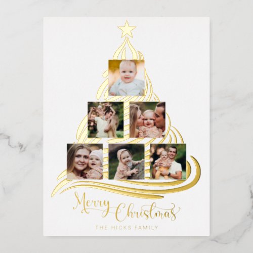 Modern Gold Foil Christmas Tree Family Multiphoto  Foil Holiday Postcard
