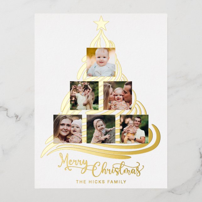 Modern Gold Foil Christmas Tree Family Multiphoto  Holiday Postcard (Front)
