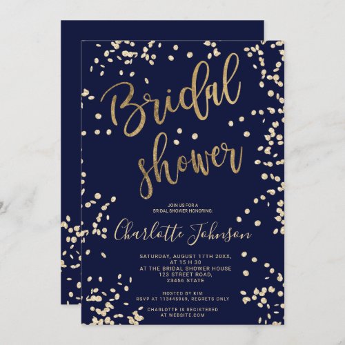 Modern gold foil confetti navy blue bridal shower invitation