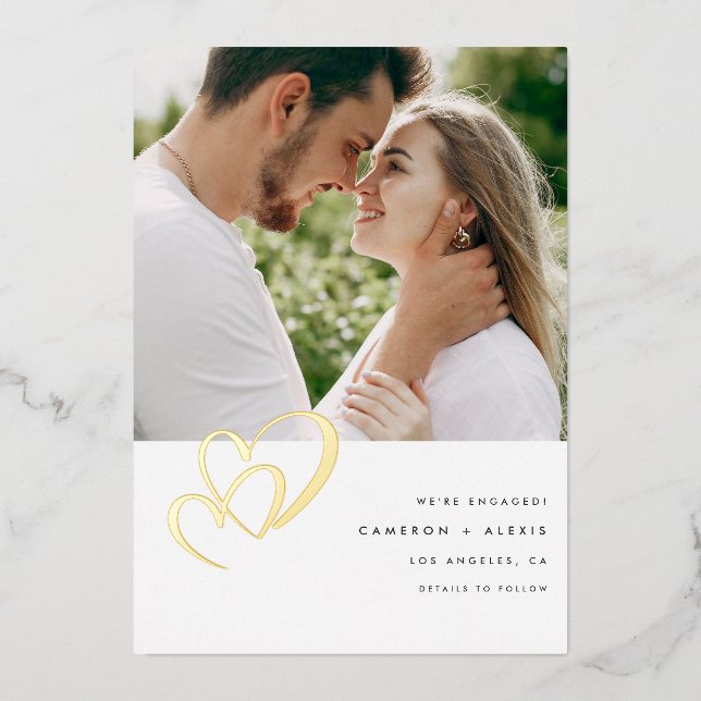 Modern Gold Foil Double Heart Photo Engagement Invitation (Front)