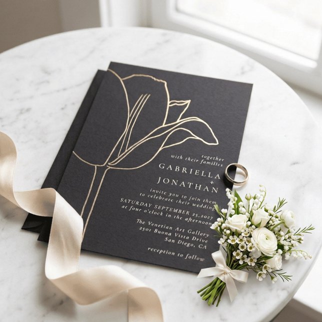 Modern Gold Foil Floral Charcoal Wedding Invitation (Creator Uploaded)