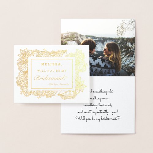 Modern gold foil floral frame bridesmaid photo foil card