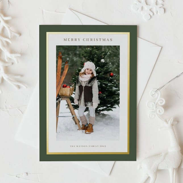 Modern Gold Foil Frame Fog Green Photo Christmas Foil Holiday Card (Customizable photo Christmas card featuring gold foil frame and a green background,)