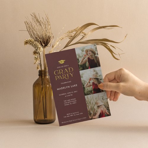 Modern Gold Foil Grad Party 4 Photo Invitation