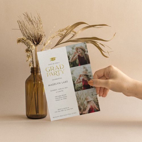 Modern Gold Foil Grad Party 4 Photo Invitation