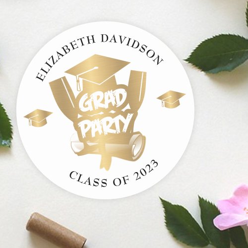 Modern Gold Foil grad party Black typography Classic Round Sticker