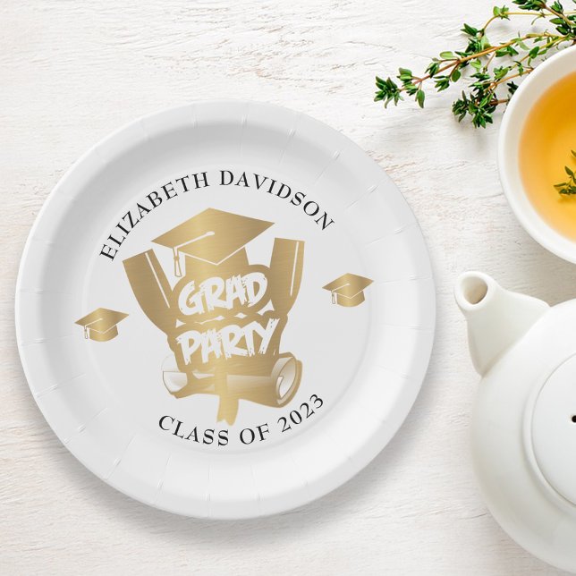 Modern gold foil grad party paper plates (Creator Uploaded)