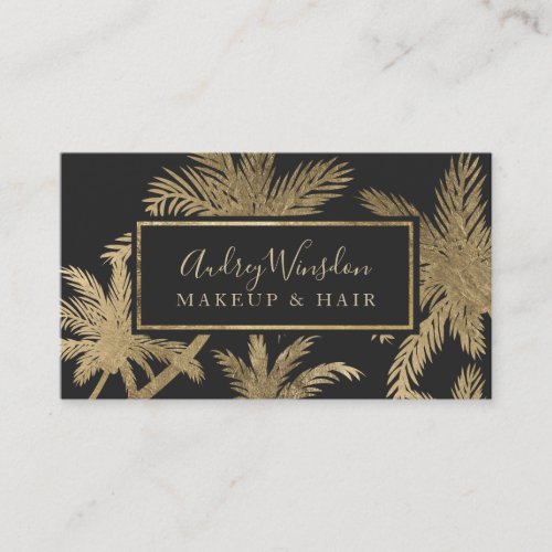 Modern gold foil gray palm tree Makeup Hair script Business Card