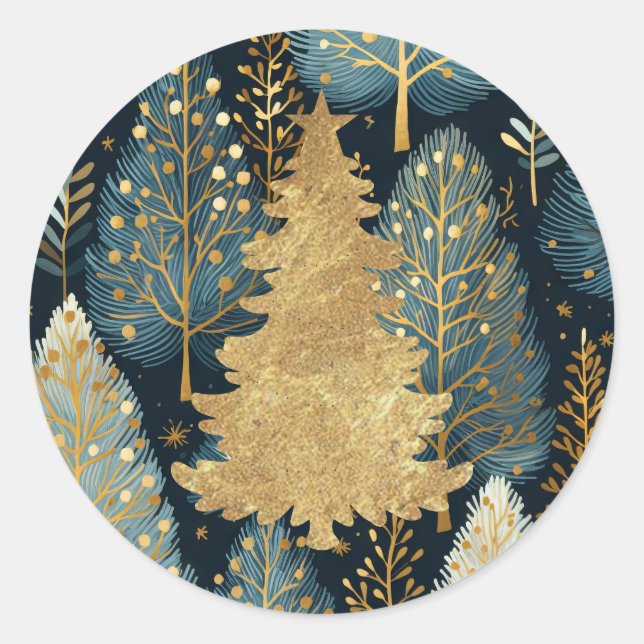 Modern Gold Foil Holiday Forest Christmas Tree Classic Round Sticker (Front)