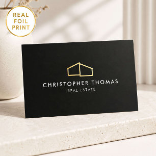 Modern Gold Foil Home Logo Real Estate Black Business Cards