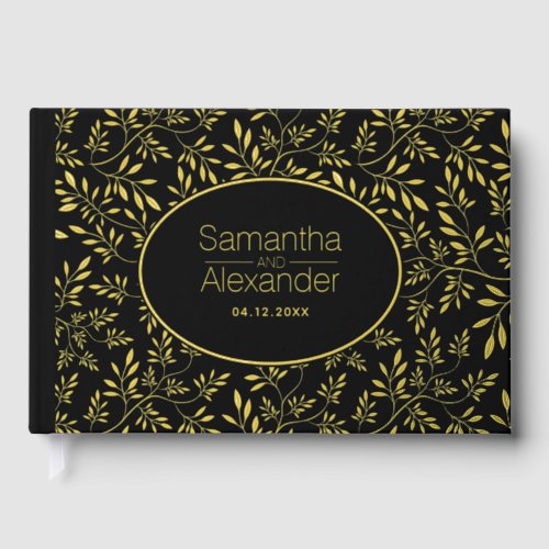 Modern gold foil leaves and frame black wedding foil guest book 