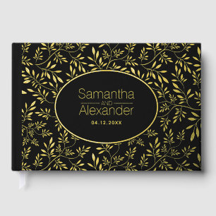 Modern gold foil leaves and frame black wedding guest book 