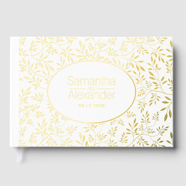 Modern gold foil leaves and frame wedding guest book  (Front)