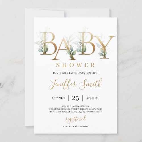 Modern gold foil letters green leaves baby shower invitation
