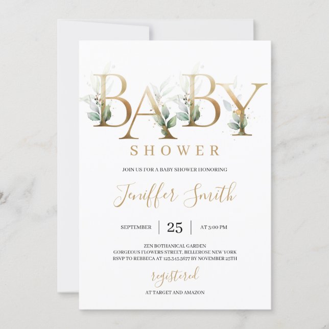 Modern gold foil letters green leaves baby shower invitation (Front)