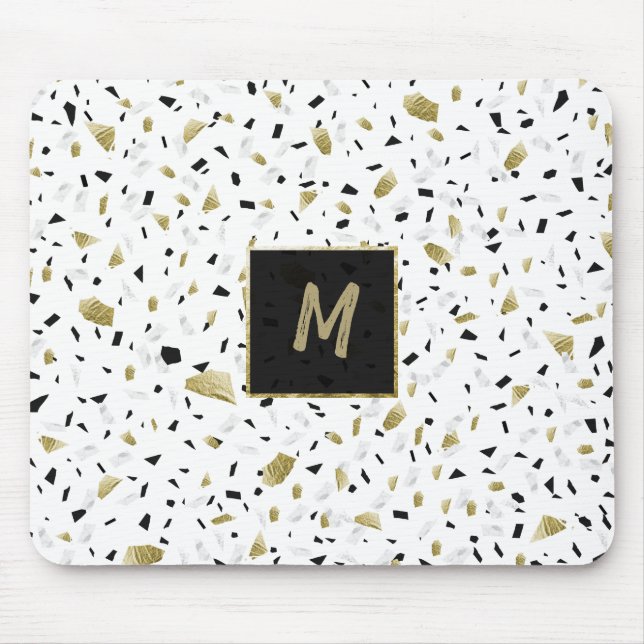 Modern Gold Foil Marble Terrazzo Pattern Monogram Mouse Pad (Front)