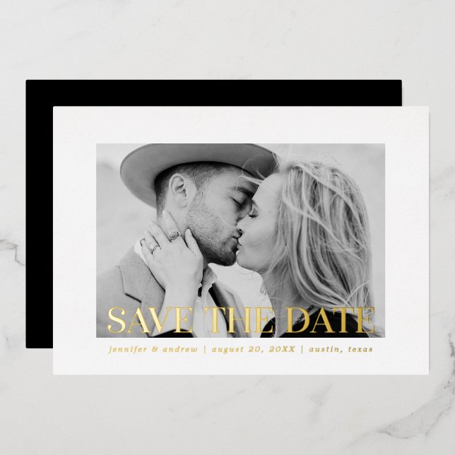Modern Gold Foil Overlay Photo Save the Date Foil Invitation (Front/Back)