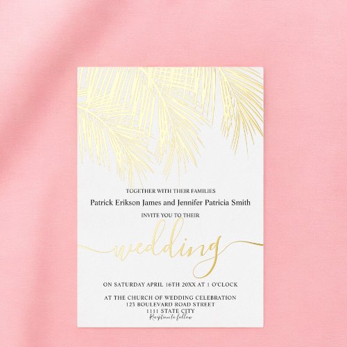 Modern gold foil palm tree elegant script wedding foil invitation