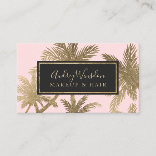 Modern gold foil pink palm tree Makeup Hair script Business Card