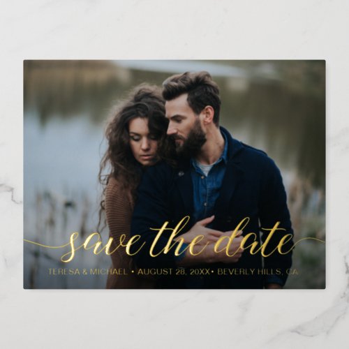 Modern Gold foil Save the date Photo Wedding Foil  Foil Invitation Postcard