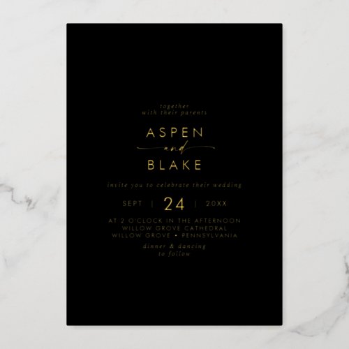 Modern Gold Foil Script  Black Casual Wedding Foil Invitation