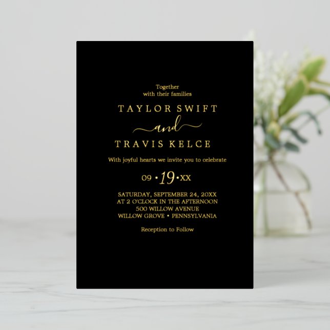 Modern Gold Foil Script | Black Casual Wedding  Invitation (Standing Front)