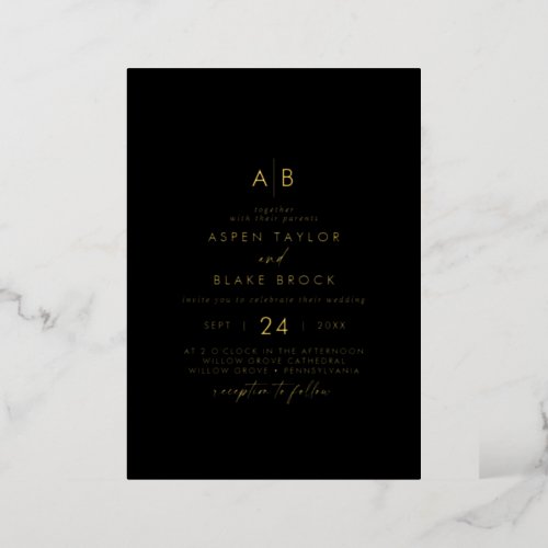 Modern Gold Foil Script  Black Monogram Wedding Foil Invitation