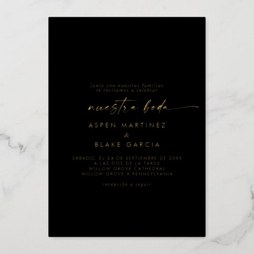 Modern Gold Foil Script Black Nuestra Boda Wedding Foil Invitation
