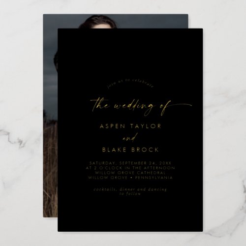 Modern Gold Foil Script  Black Photo Wedding Foil Invitation