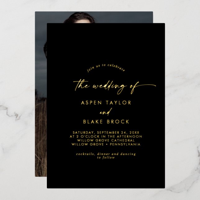 Modern Gold Foil Script | Black Photo Wedding Invitation (Front/Back)