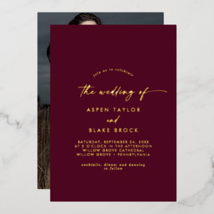 Modern Gold Foil Script   Burgundy Photo Wedding Foil Invitation