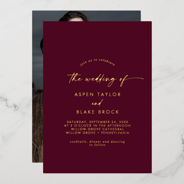 Modern Gold Foil Script | Burgundy Photo Wedding Foil Invitation (Front/Back)