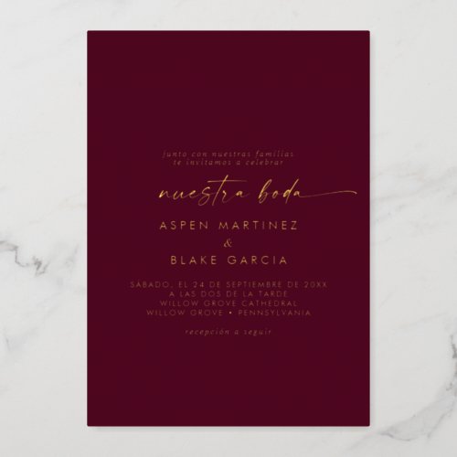 Modern Gold Foil Script Burgundy Spanish Wedding Foil Invitation