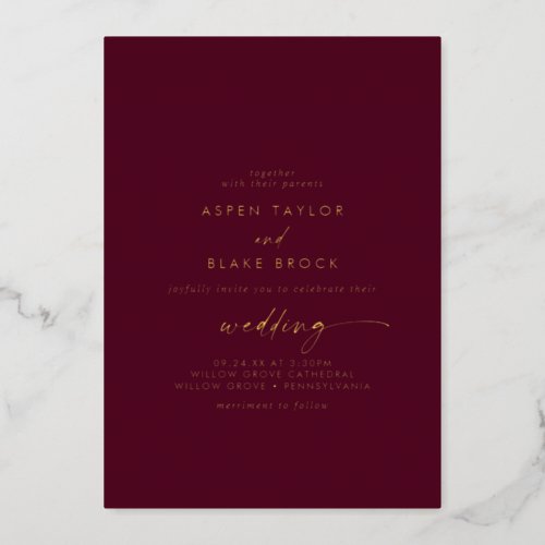 Modern Gold Foil Script  Burgundy Wedding Foil Invitation