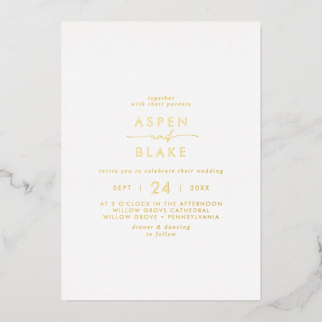 Modern Gold Foil Script Casual Wedding Foil Invitation (Front)