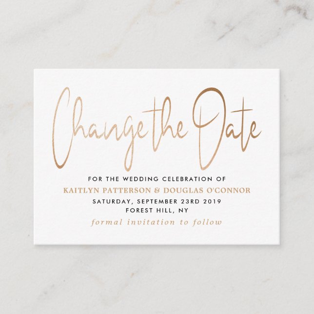 Modern Gold Foil Script Change The Date Enclosure Card (Front)