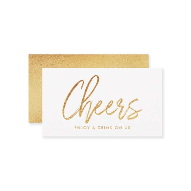 Modern Gold Foil Script "Cheers" Drink Ticket Enclosure Card (Front/Back In Situ)