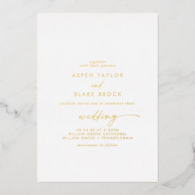 Modern Gold Foil Script Couple & Parents Wedding Foil Invitation (Front)
