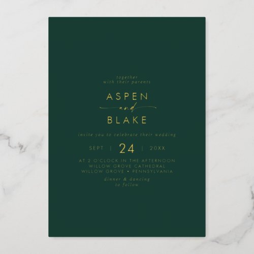 Modern Gold Foil Script  Emerald Casual Wedding Foil Invitation