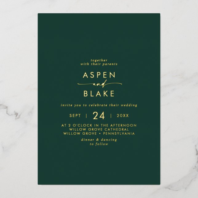 Modern Gold Foil Script | Emerald Casual Wedding Foil Invitation (Front)