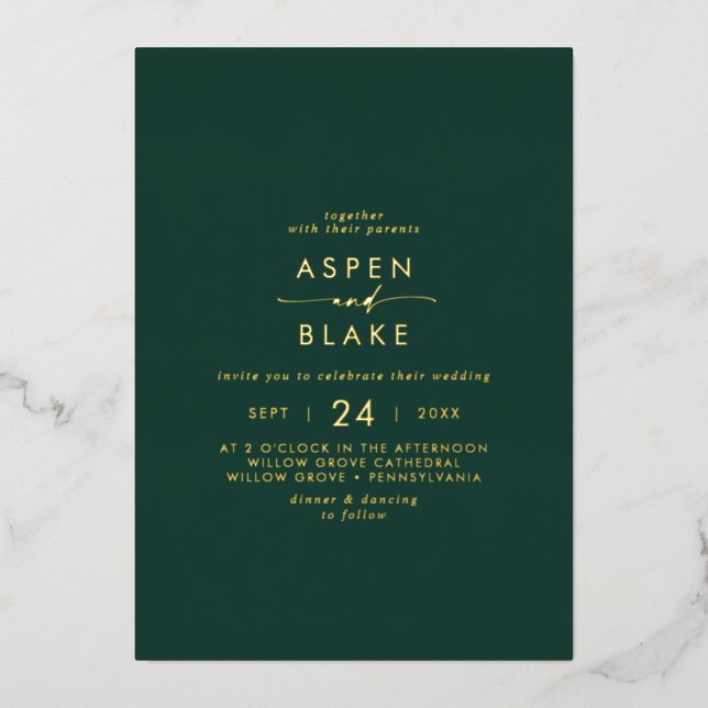 Modern Gold Foil Script | Emerald Casual Wedding Invitation (Front)