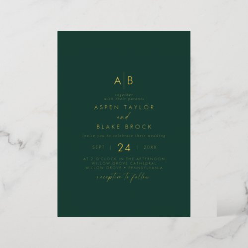 Modern Gold Foil Script  Emerald Monogram Wedding Foil Invitation